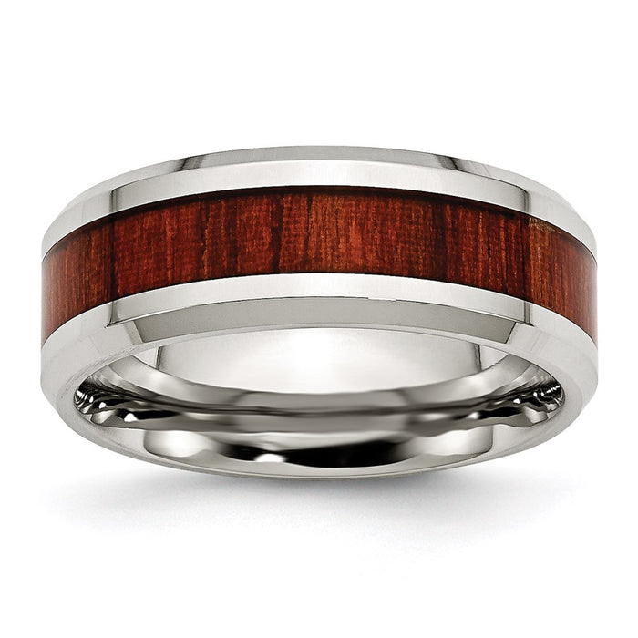 Unisex Fashion Jewelry, Chisel Brand Stainless Steel Polished Red Wood Inlay Enameled 8.00mm Ring