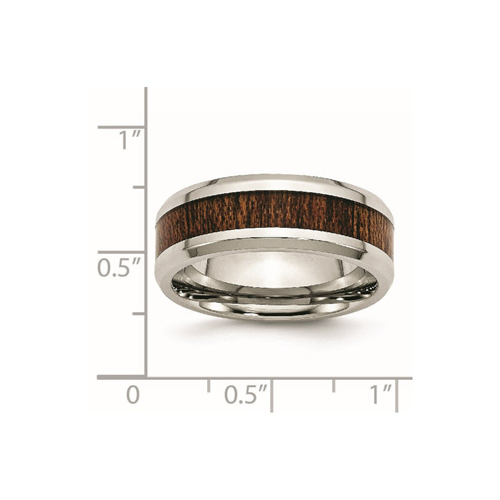 Men's Fashion Jewelry, Chisel Brand Stainless Steel Polished Brown Wood Inlay Enameled 8.00mm Ring