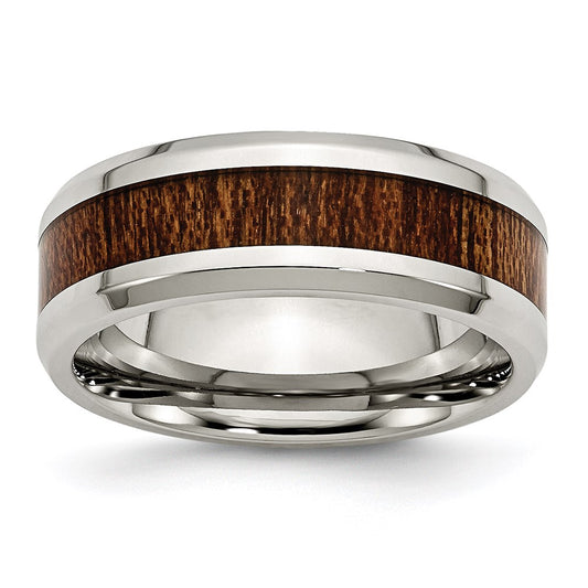 Men's Fashion Jewelry, Chisel Brand Stainless Steel Polished Brown Wood Inlay Enameled 8.00mm Ring