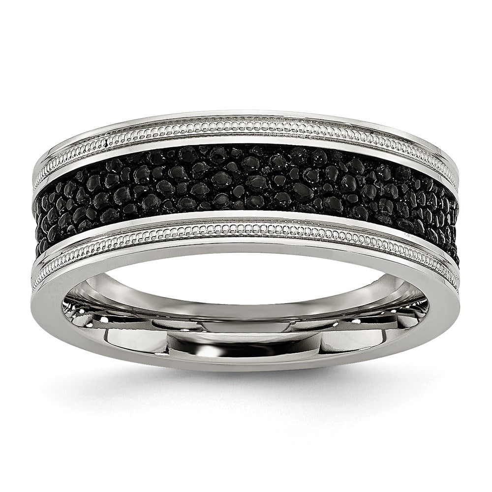 Unisex Fashion Jewelry, Chisel Brand Stainless Steel Polished Black IP-plated/Genuine Stingray Textured Ring