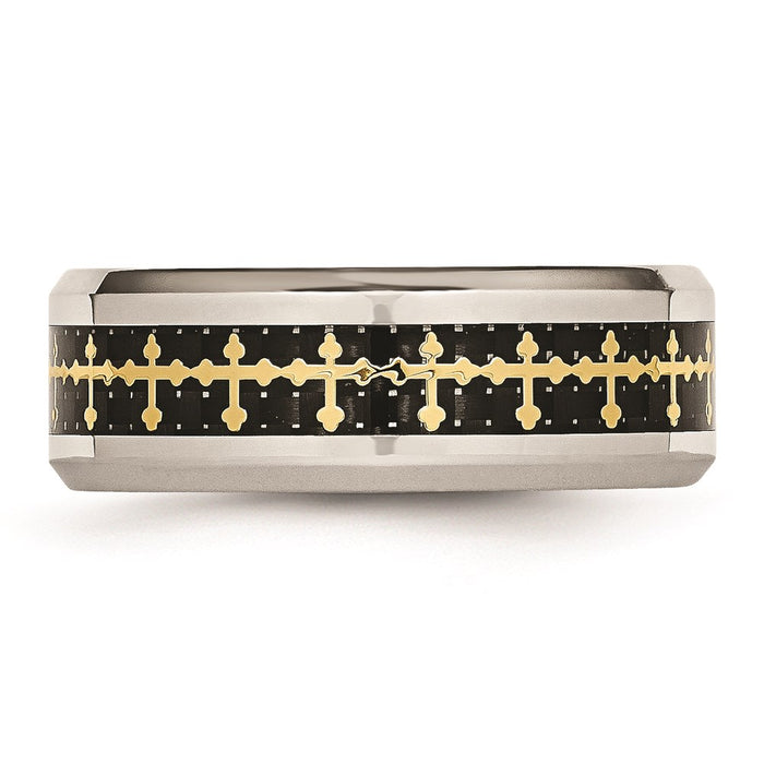 Unisex Fashion Jewelry, Chisel Brand Stainless Steel Polished w/Carbon Fiber Inlay/Yellow IP-plated Cross Ring
