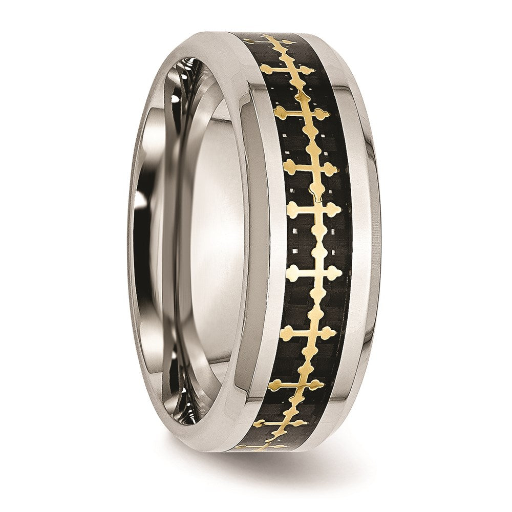 Unisex Fashion Jewelry, Chisel Brand Stainless Steel Polished w/Carbon Fiber Inlay/Yellow IP-plated Cross Ring