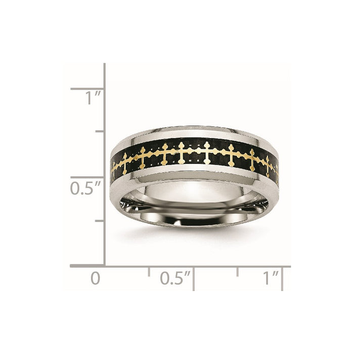 Unisex Fashion Jewelry, Chisel Brand Stainless Steel Polished w/Carbon Fiber Inlay/Yellow IP-plated Cross Ring