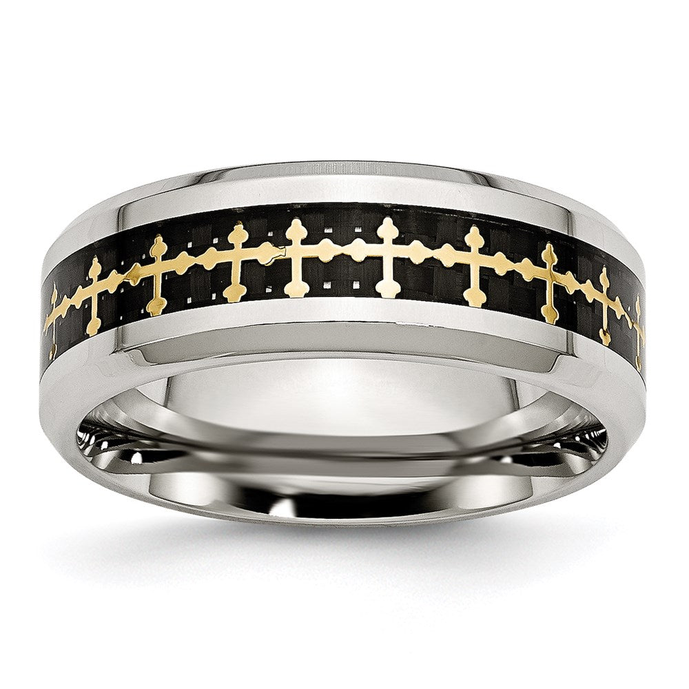 Unisex Fashion Jewelry, Chisel Brand Stainless Steel Polished w/Carbon Fiber Inlay/Yellow IP-plated Cross Ring