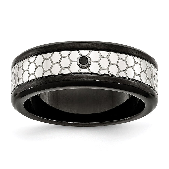 Unisex Fashion Jewelry, Chisel Brand Stainless Steel Polished w/Brushed Black IP-plated 2pt. Diamond 8mm Ring Band