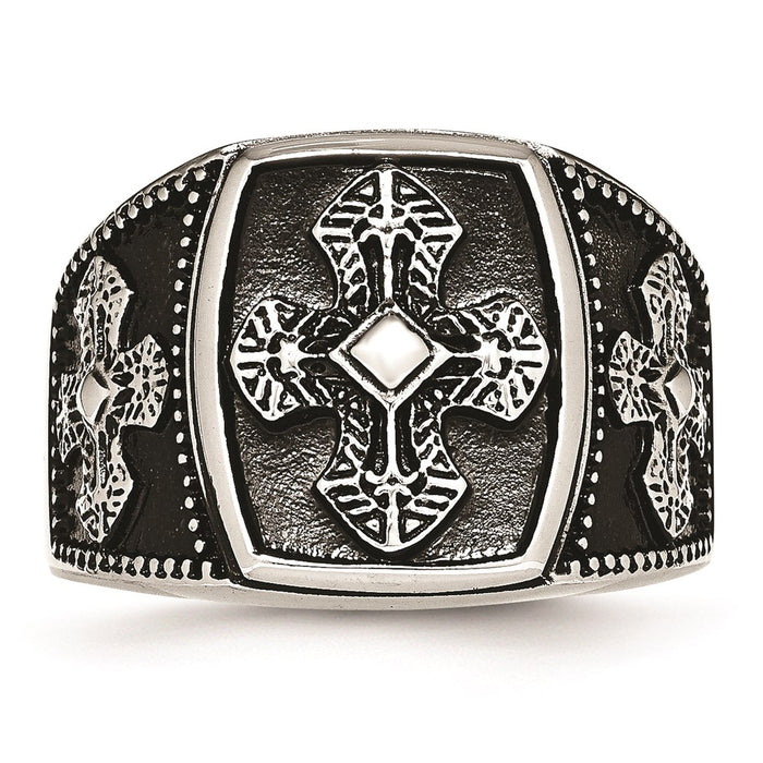 Men's Fashion Jewelry, Chisel Brand Stainless Steel Polished and Antiqued Cross Ring
