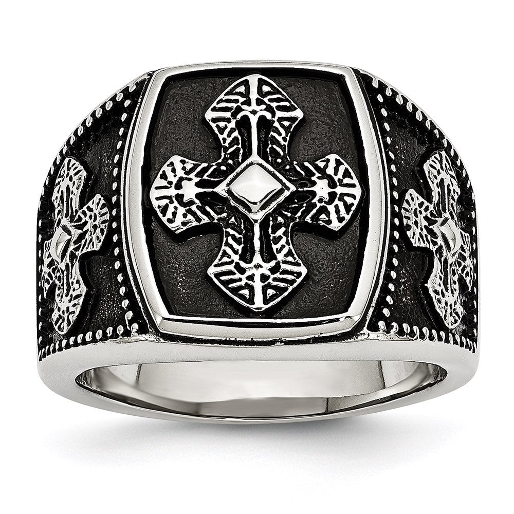 Men's Fashion Jewelry, Chisel Brand Stainless Steel Polished and Antiqued Cross Ring