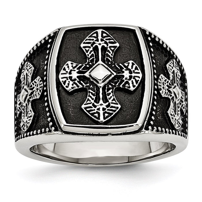 Men's Fashion Jewelry, Chisel Brand Stainless Steel Polished and Antiqued Cross Ring