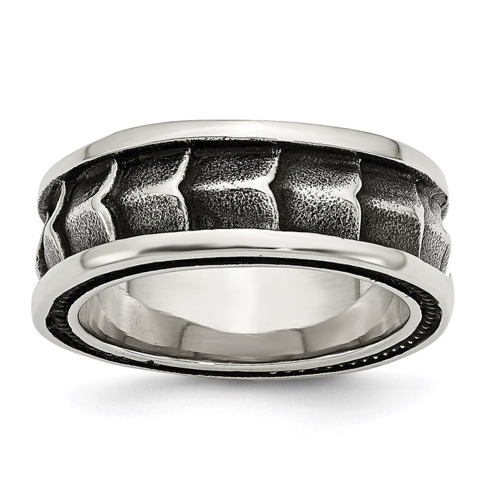 Men's Fashion Jewelry, Chisel Brand Stainless Steel Polished and Antiqued 9mm Ring Band