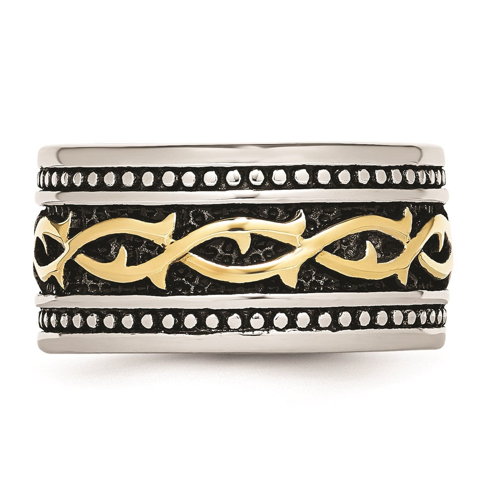 Unisex Fashion Jewelry, Chisel Brand Stainless Steel Antiqued and Yellow IP-plated 13.25mm Ring
