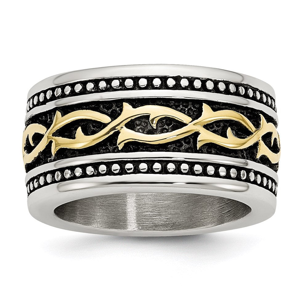 Unisex Fashion Jewelry, Chisel Brand Stainless Steel Antiqued and Yellow IP-plated 13.25mm Ring