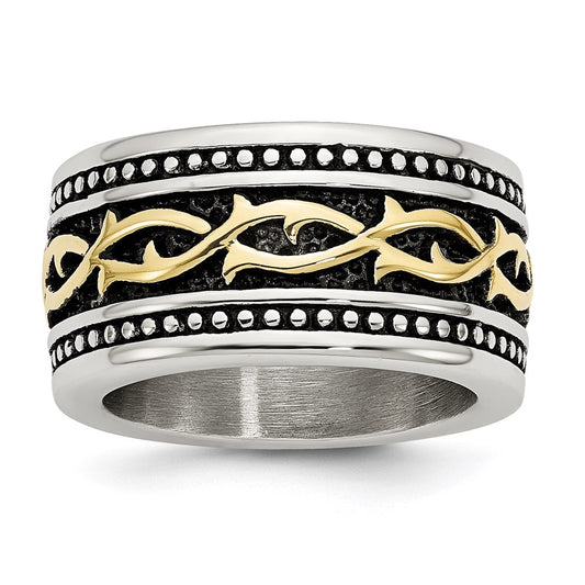 Unisex Fashion Jewelry, Chisel Brand Stainless Steel Antiqued and Yellow IP-plated 13.25mm Ring