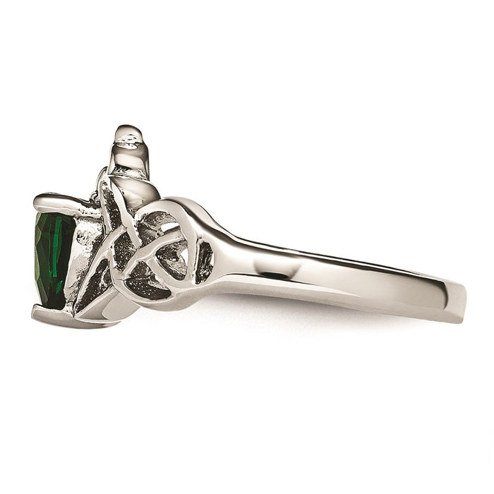 Unisex Fashion Jewelry, Chisel Brand Stainless Steel Polished w/ Green Heart CZ Claddagh Ring