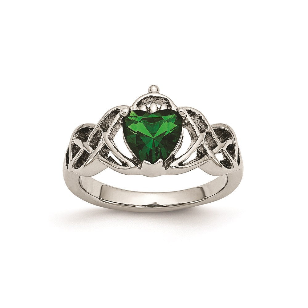 Unisex Fashion Jewelry, Chisel Brand Stainless Steel Polished w/ Green Heart CZ Claddagh Ring