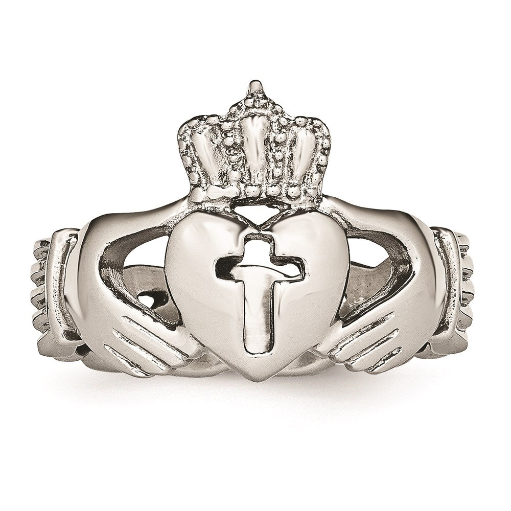 Unisex Fashion Jewelry, Chisel Brand Stainless Steel Polished Claddagh with Cross Ring