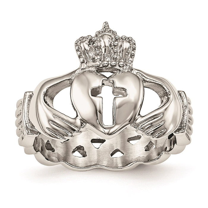 Unisex Fashion Jewelry, Chisel Brand Stainless Steel Polished Claddagh with Cross Ring