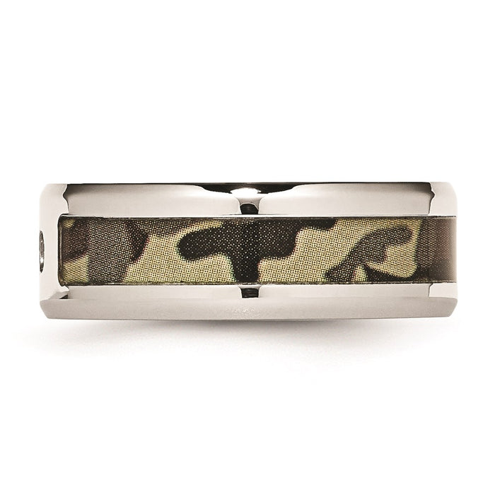 Men's Fashion Jewelry, Chisel Brand Stainless Steel Polished w/ CZ Printed Brown Camo Under Rubber Ring Band