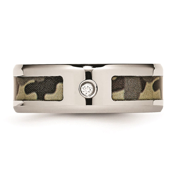 Men's Fashion Jewelry, Chisel Brand Stainless Steel Polished w/ CZ Printed Brown Camo Under Rubber Ring Band