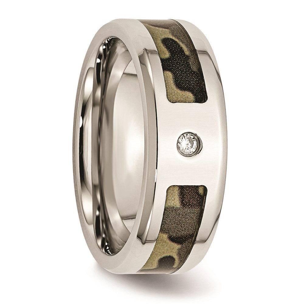 Men's Fashion Jewelry, Chisel Brand Stainless Steel Polished w/ CZ Printed Brown Camo Under Rubber Ring Band