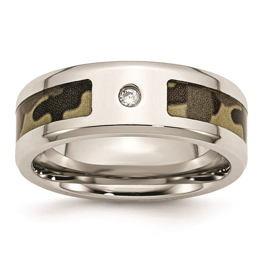 Men's Fashion Jewelry, Chisel Brand Stainless Steel Polished w/ CZ Printed Brown Camo Under Rubber Ring Band