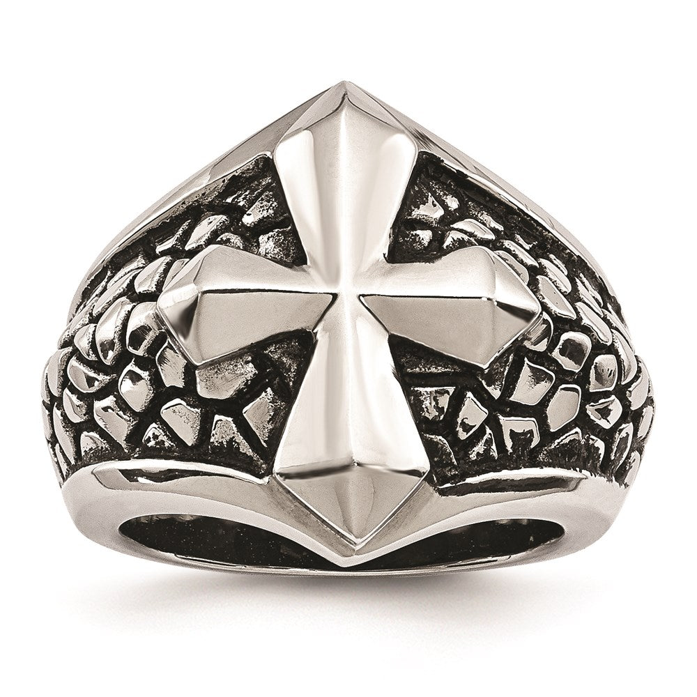 Men's Fashion Jewelry, Chisel Brand Stainless Steel Antiqued Cross & Caviar Ring