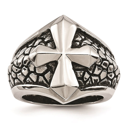 Men's Fashion Jewelry, Chisel Brand Stainless Steel Antiqued Cross & Caviar Ring
