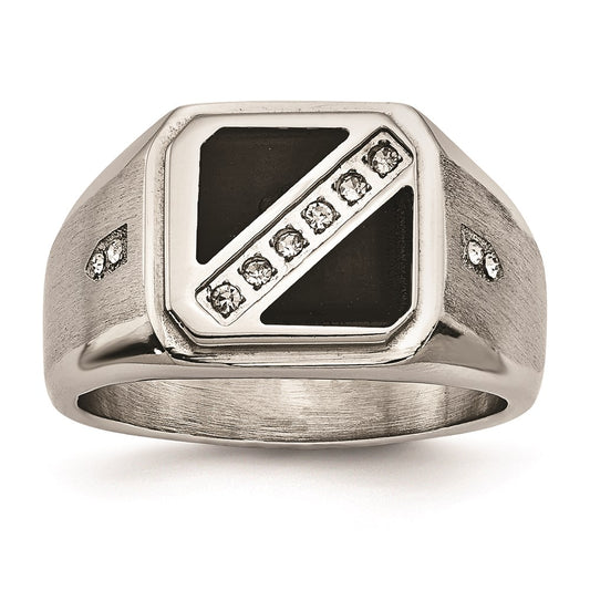 Men's Fashion Jewelry, Chisel Brand Stainless Steel Satin & Polished w/Black Enamel CZ Ring