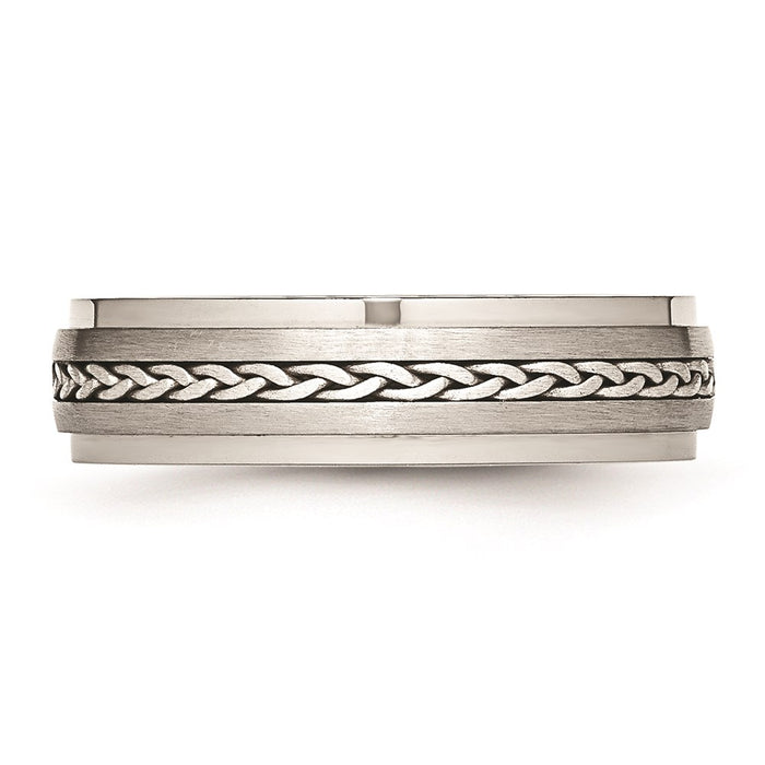 Unisex Fashion Jewelry, Chisel Brand Stainless Steel Polished & Brushed w/Silver Braid Inlay Ring