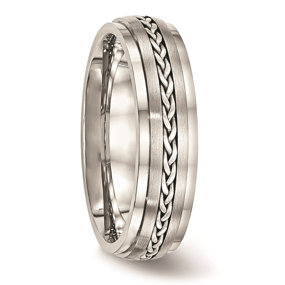 Unisex Fashion Jewelry, Chisel Brand Stainless Steel Polished & Brushed w/Silver Braid Inlay Ring