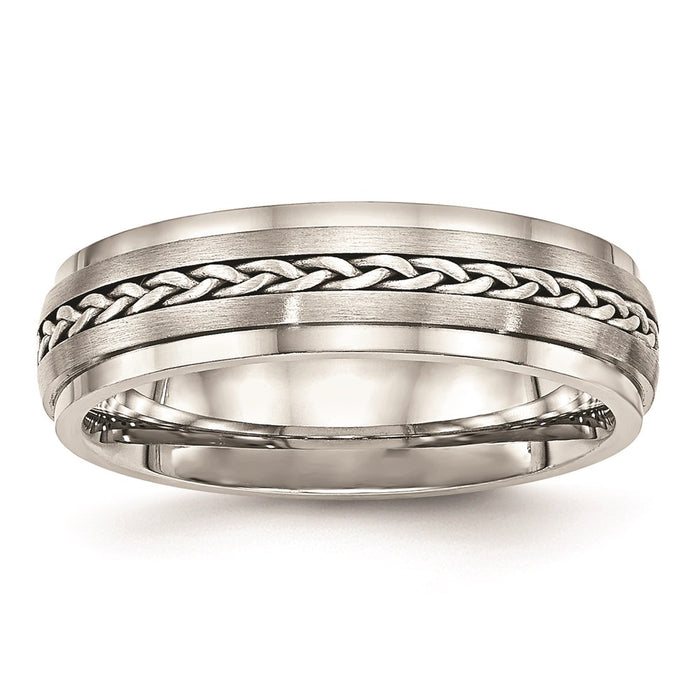 Unisex Fashion Jewelry, Chisel Brand Stainless Steel Polished & Brushed w/Silver Braid Inlay Ring