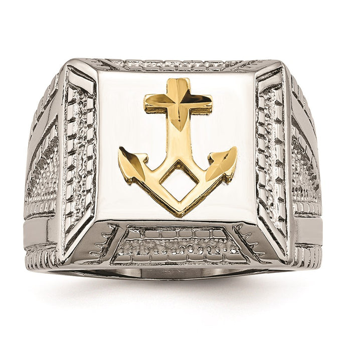 Men's Fashion Jewelry, Chisel Brand Stainless Steel Polished Yellow IP-plated w/ Sterling Silver Anchor Ring