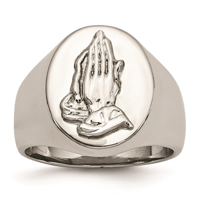Men's Fashion Jewelry, Chisel Brand Stainless Steel Polished w/ Sterling Silver Praying Hands Ring