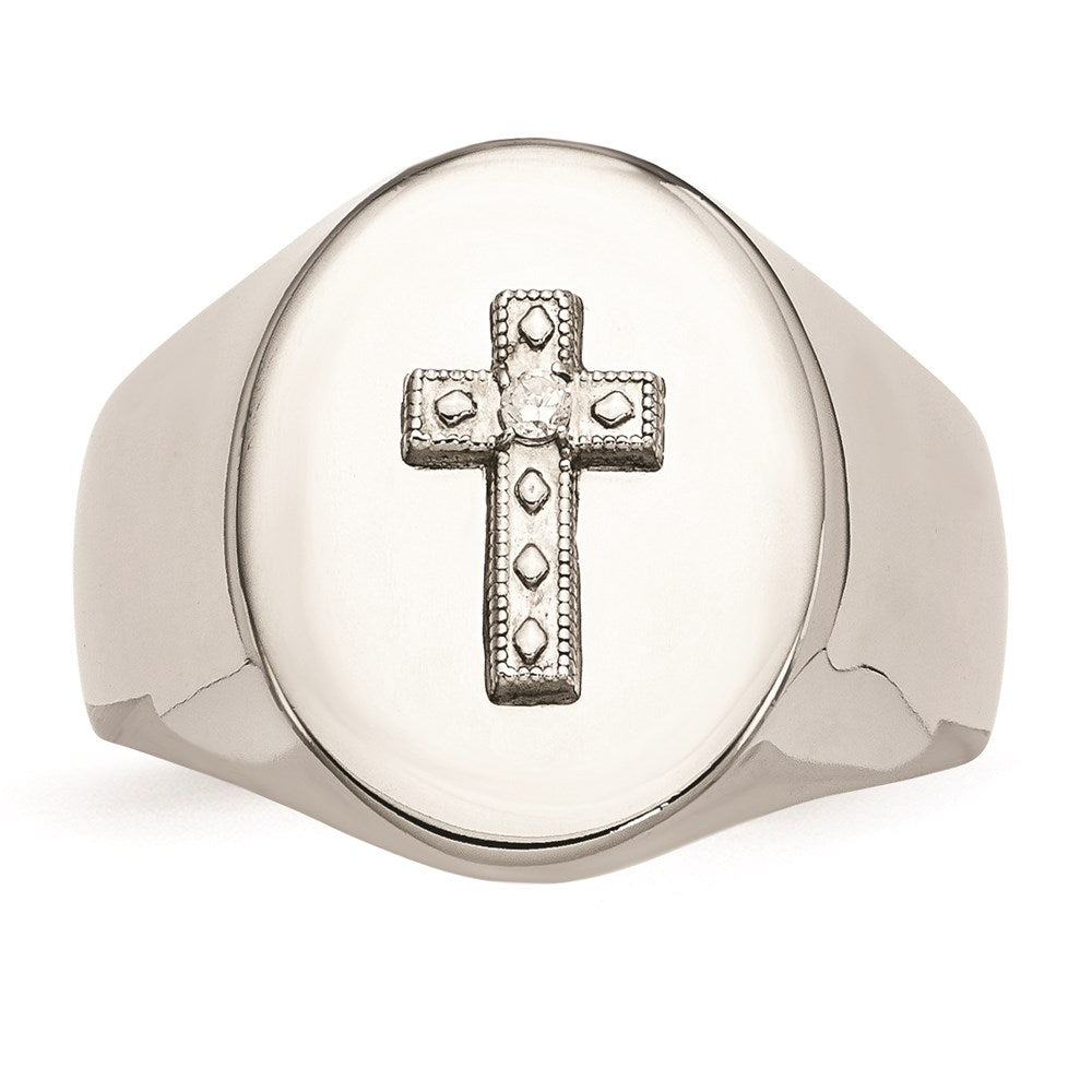Men's Fashion Jewelry, Chisel Brand Stainless Steel Polished Cross CZ Signet Ring