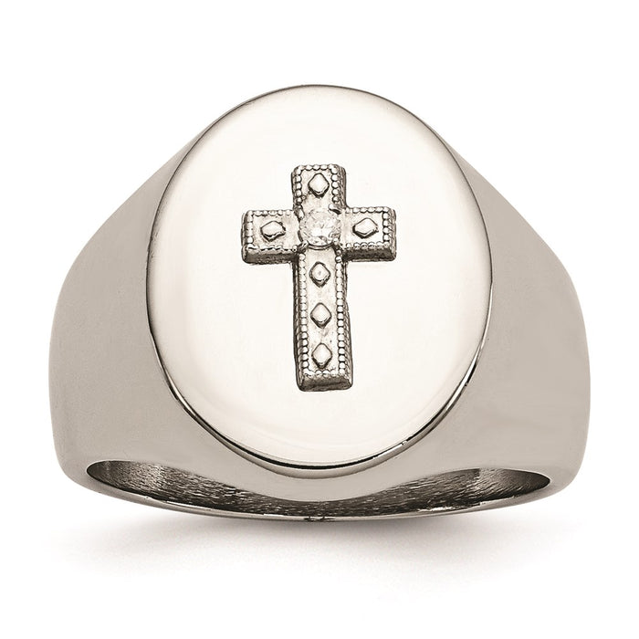Men's Fashion Jewelry, Chisel Brand Stainless Steel Polished Cross CZ Signet Ring