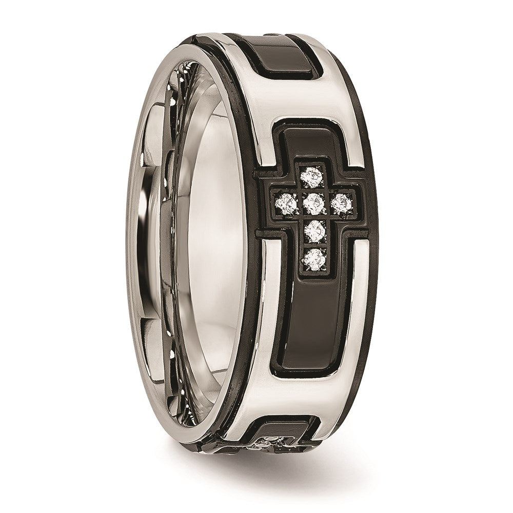 Unisex Fashion Jewelry, Chisel Brand Stainless Steel Polished Black IP-plated with CZ Cross Ring Band