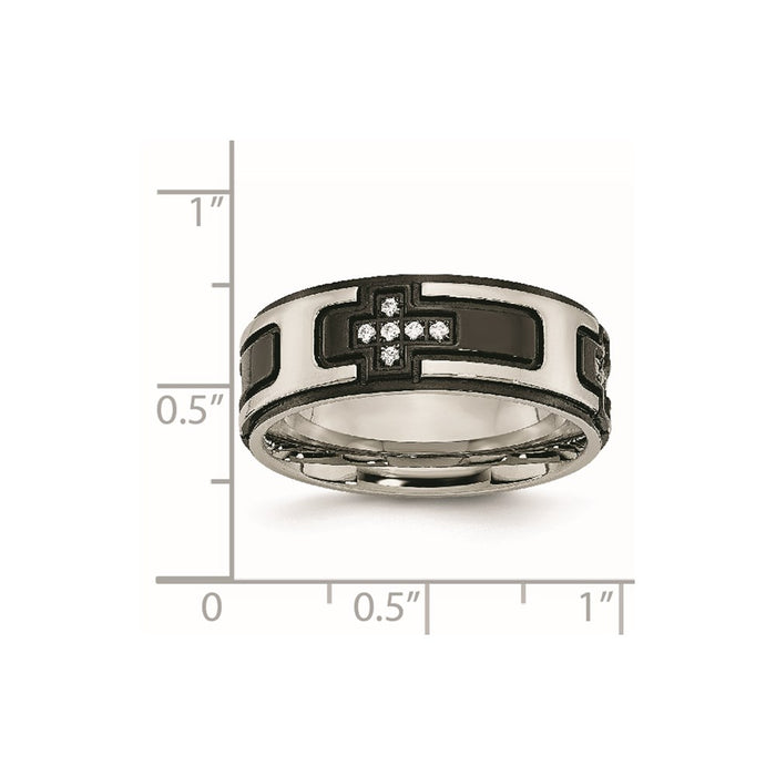 Unisex Fashion Jewelry, Chisel Brand Stainless Steel Polished Black IP-plated with CZ Cross Ring Band
