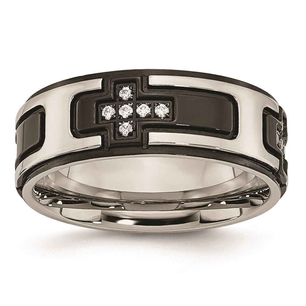 Unisex Fashion Jewelry, Chisel Brand Stainless Steel Polished Black IP-plated with CZ Cross Ring Band