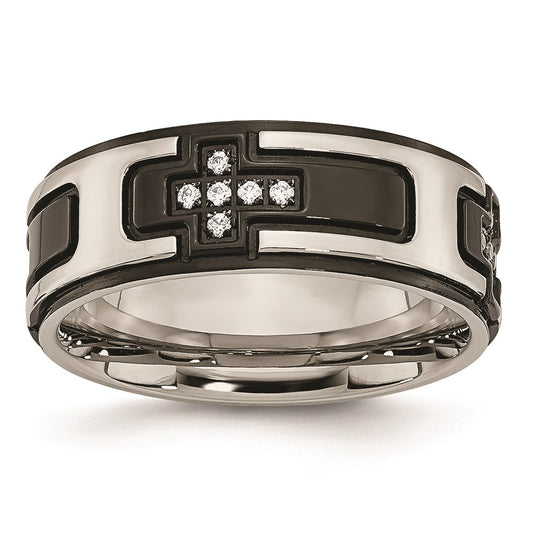 Unisex Fashion Jewelry, Chisel Brand Stainless Steel Polished Black IP-plated with CZ Cross Ring Band