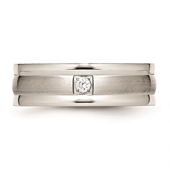 Unisex Fashion Jewelry, Chisel Brand Stainless Steel Polished and Brushed Grooved CZ Ring