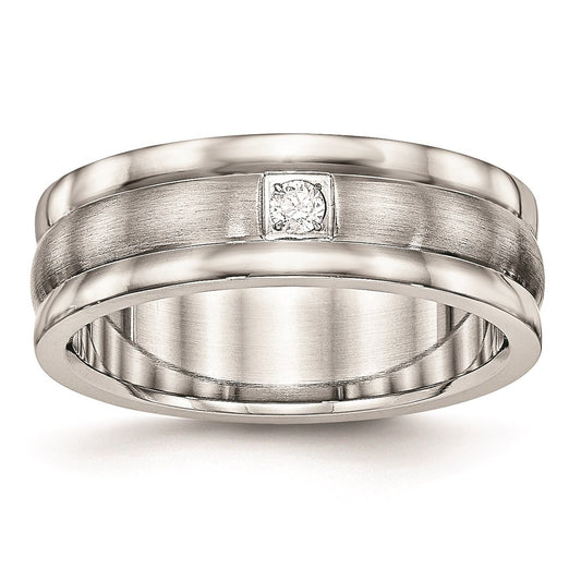 Unisex Fashion Jewelry, Chisel Brand Stainless Steel Polished and Brushed Grooved CZ Ring
