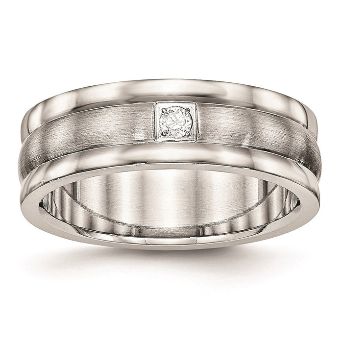 Unisex Fashion Jewelry, Chisel Brand Stainless Steel Polished and Brushed Grooved CZ Ring