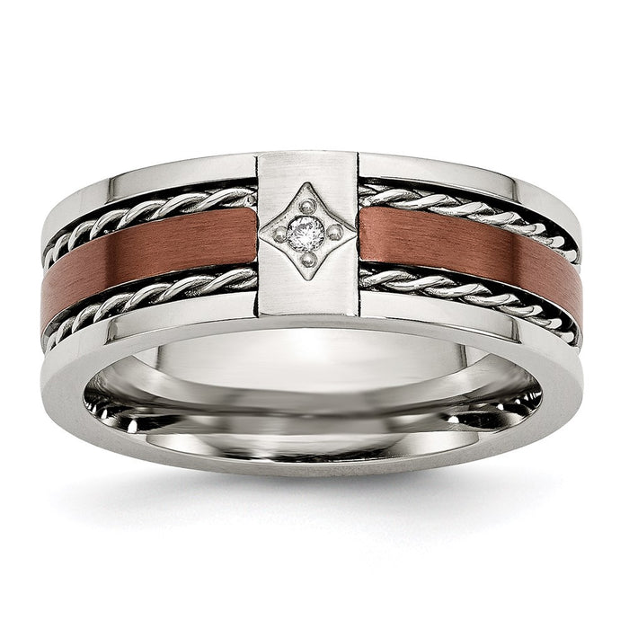Unisex Fashion Jewelry, Chisel Brand Stainless Steel Brushed Brown IP-plated w/Diamond 8mm Polished Ring Band