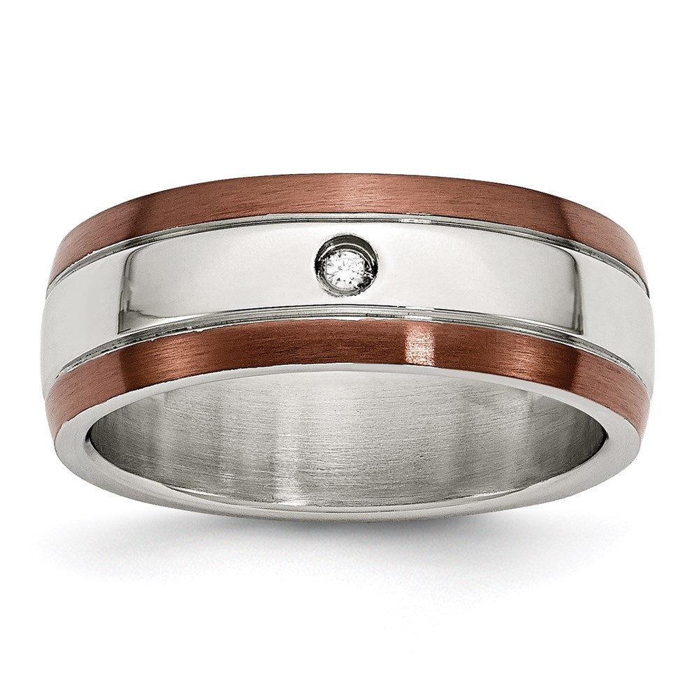 Unisex Fashion Jewelry, Chisel Brand Stainless Steel Brown IP-plated Brushed w/Diamond 8mm Polished Ring Band