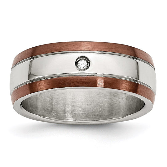 Unisex Fashion Jewelry, Chisel Brand Stainless Steel Brown IP-plated Brushed w/Diamond 8mm Polished Ring Band