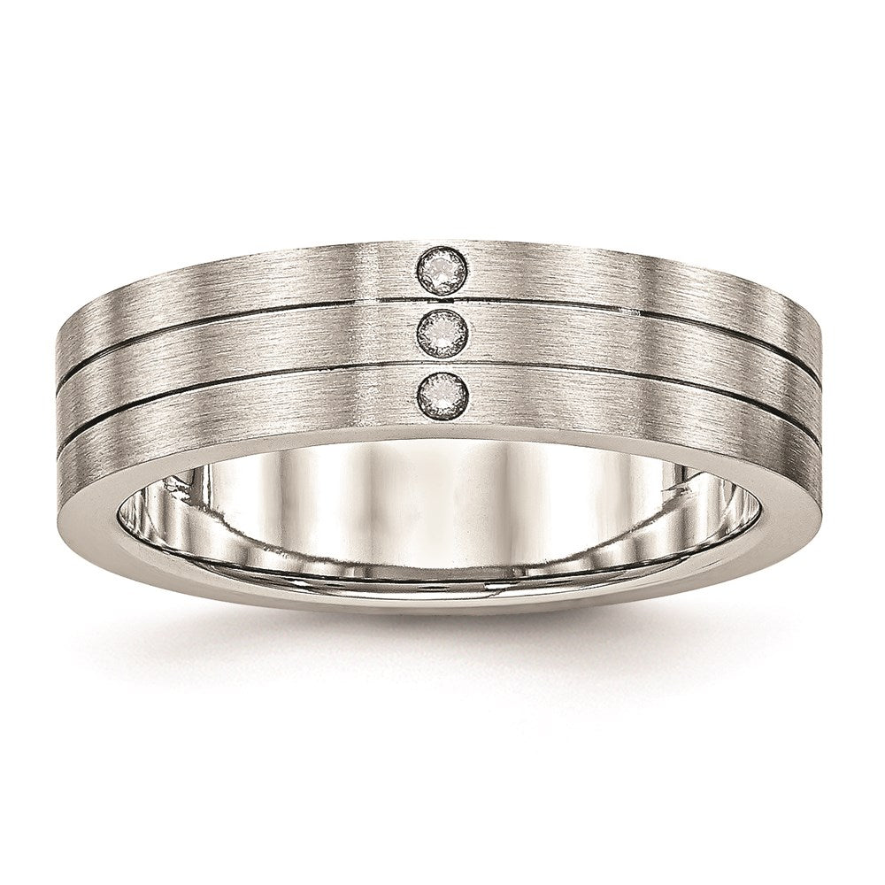Unisex Fashion Jewelry, Chisel Brand Stainless Steel Brushed Grooved Three CZ Ring