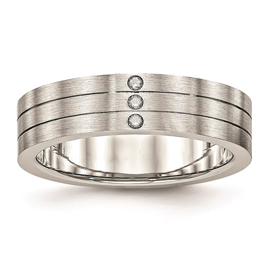 Unisex Fashion Jewelry, Chisel Brand Stainless Steel Brushed Grooved Three CZ Ring
