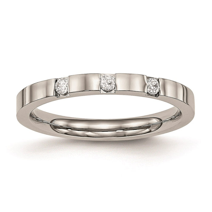 Unisex Fashion Jewelry, Chisel Brand Stainless Steel Polished 3 Stone CZ 2.50mm Ring Band