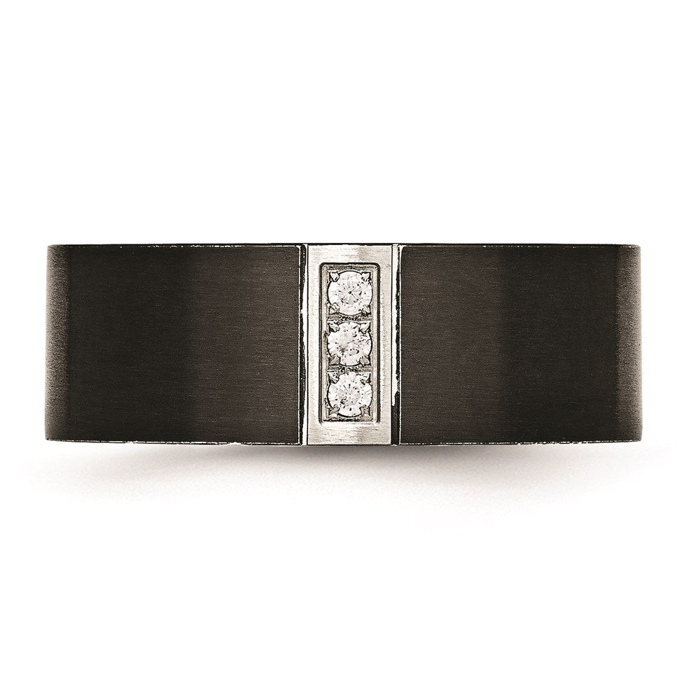 Unisex Fashion Jewelry, Chisel Brand Stainless Steel Brushed Black IP Flat Three CZ Ring