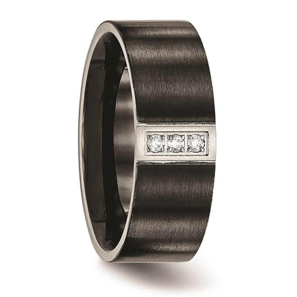 Unisex Fashion Jewelry, Chisel Brand Stainless Steel Brushed Black IP Flat Three CZ Ring