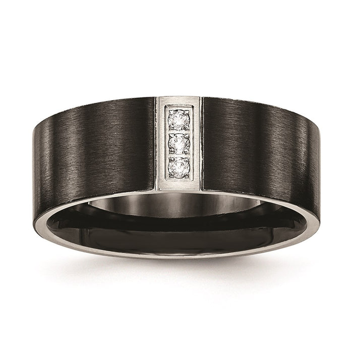 Unisex Fashion Jewelry, Chisel Brand Stainless Steel Brushed Black IP Flat Three CZ Ring